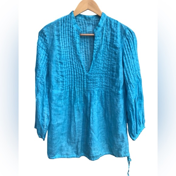 120% Lino Turquoise Blue Poet Blouse Size 42 - Picture 2 of 8
